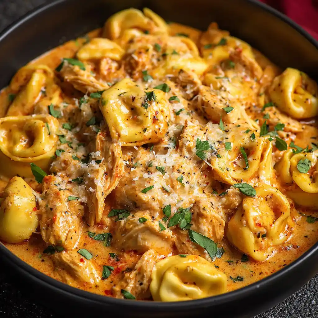 CrockPot Chicken Tortellini in slow cooker with creamy sauce