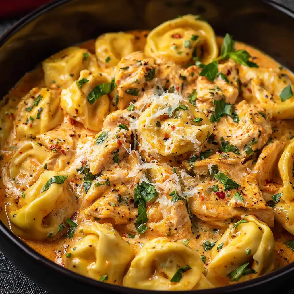 CrockPot Chicken Tortellini in slow cooker with creamy sauce