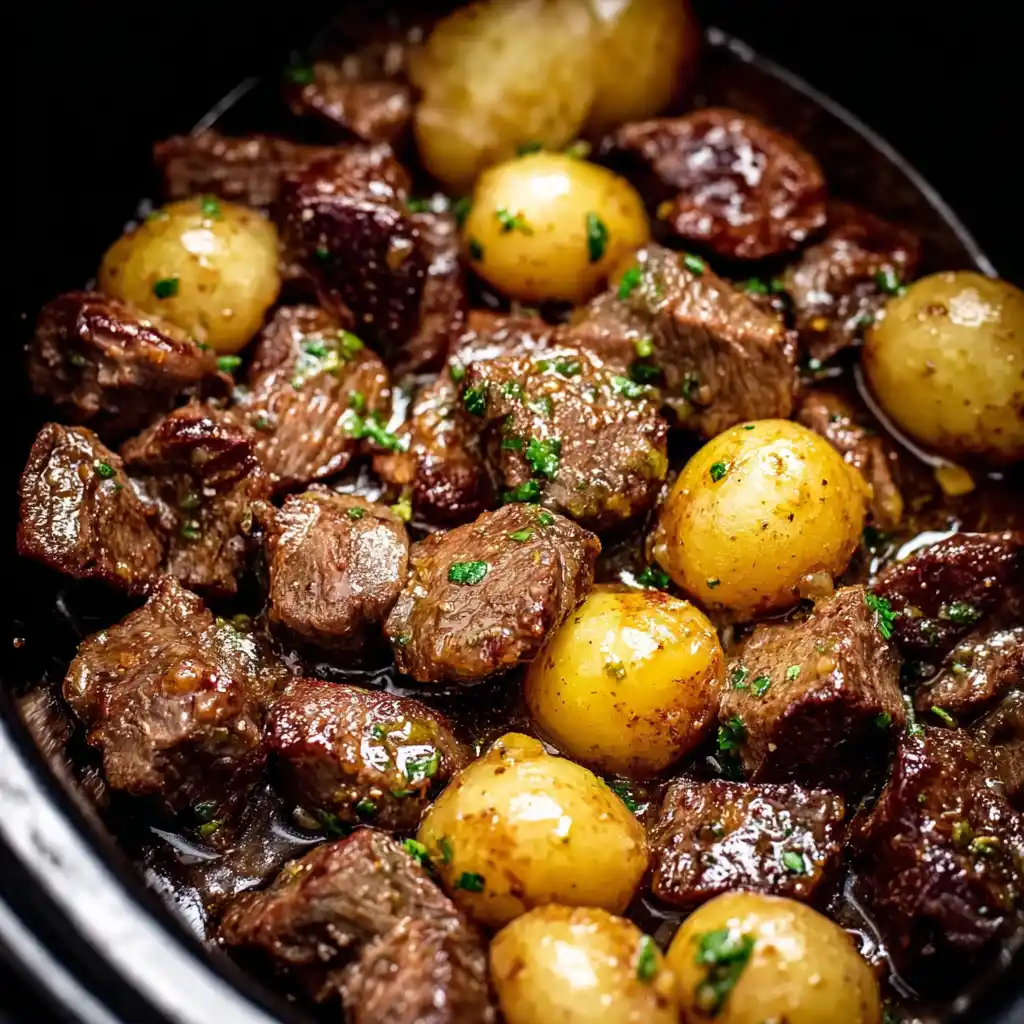 Crockpot garlic butter beef bites with potatoes