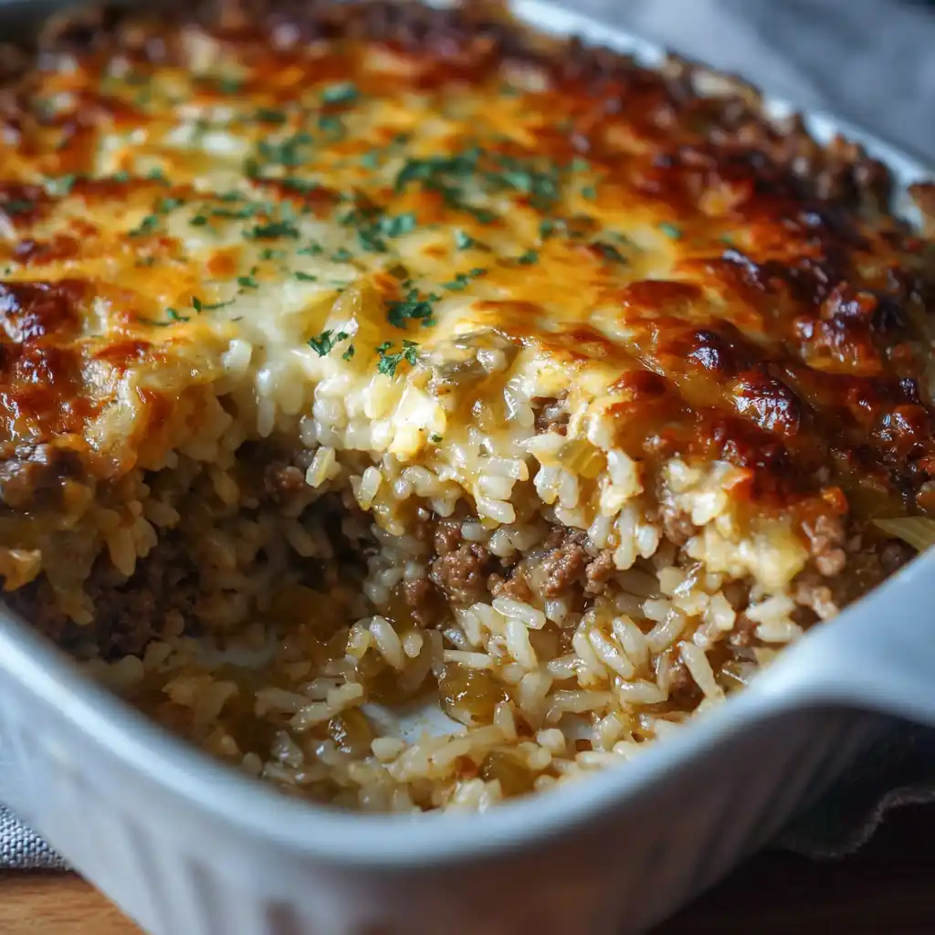 French onion ground beef and rice casserole hot from the oven