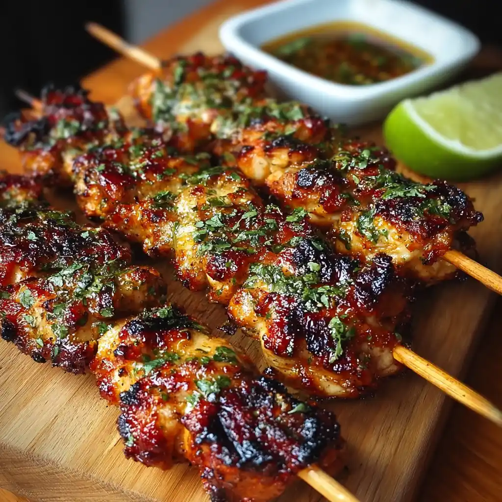 Grilled Thai chicken skewers served with rice and salad