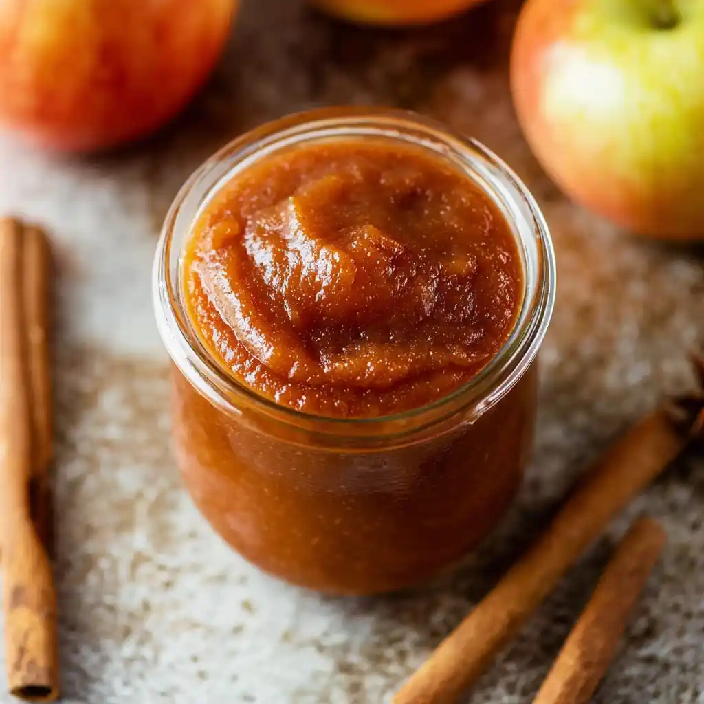 Healthy apple butter in jar with apples and cinnamon