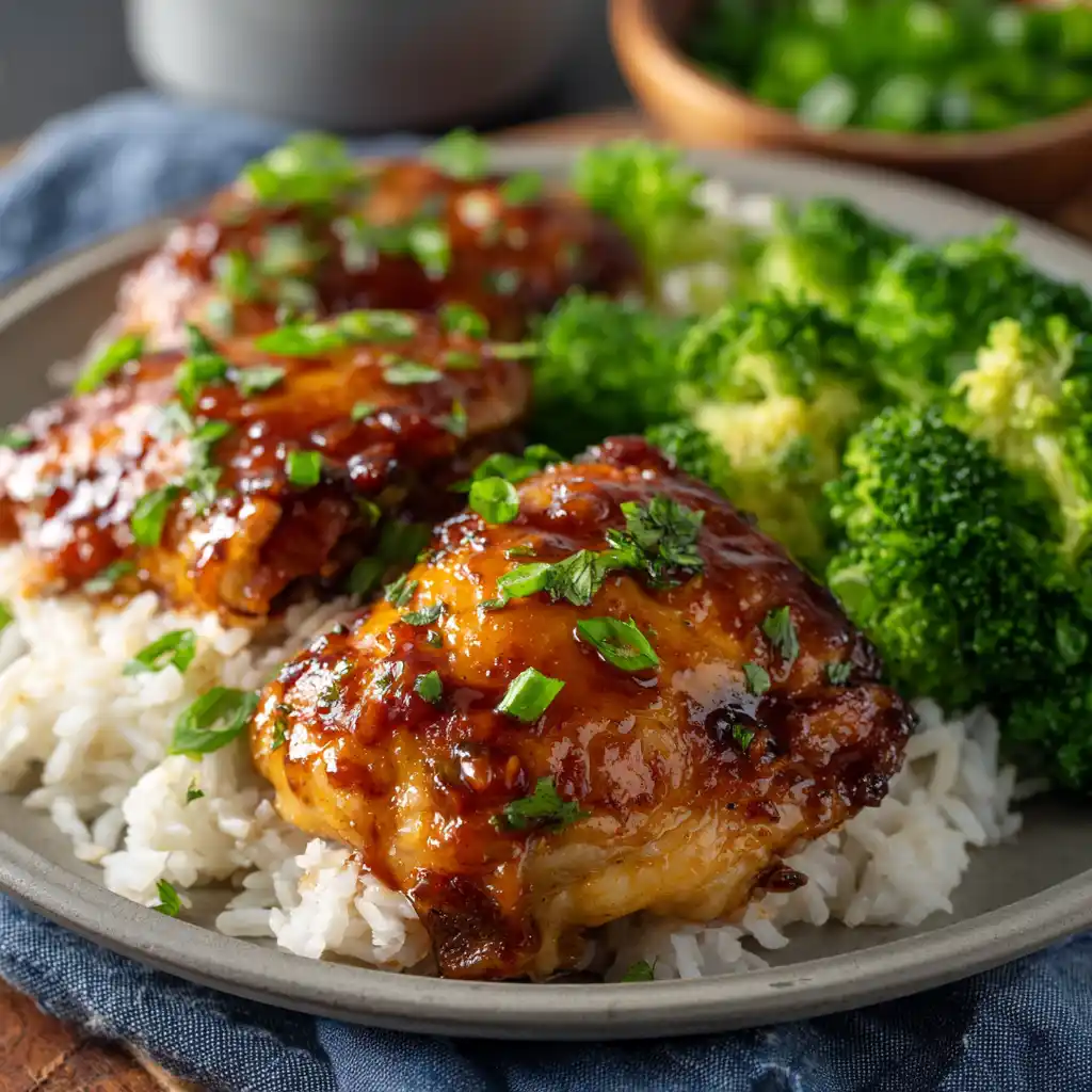 Plated honey garlic chicken thighs with rice