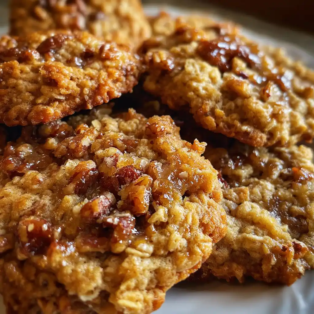 pecan pie oatmeal cookies on rustic plate