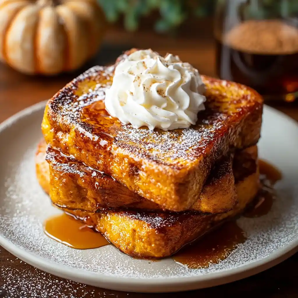 Pumpkin French Toast Breakfast with syrup and pecans