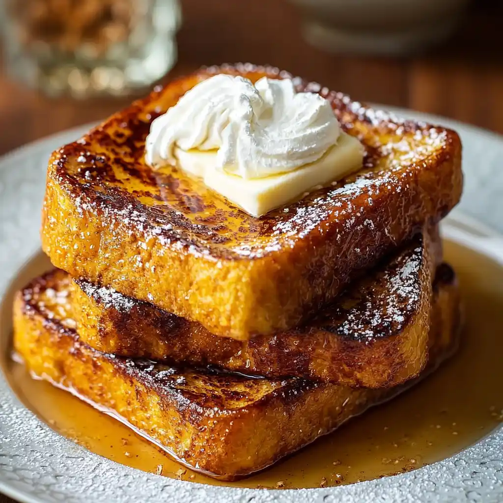 Pumpkin French Toast Breakfast with syrup and pecans