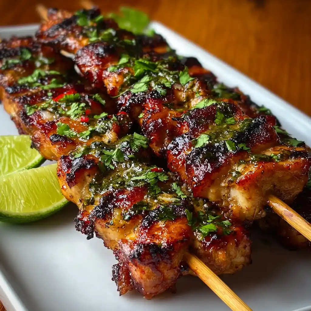 Grilled Thai chicken skewers served with rice and salad