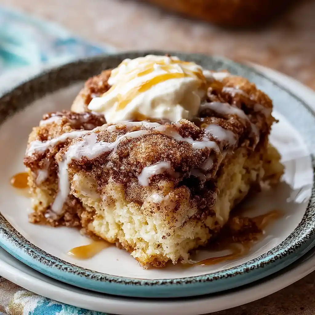 Cinnamon roll cake served with whipped cream
