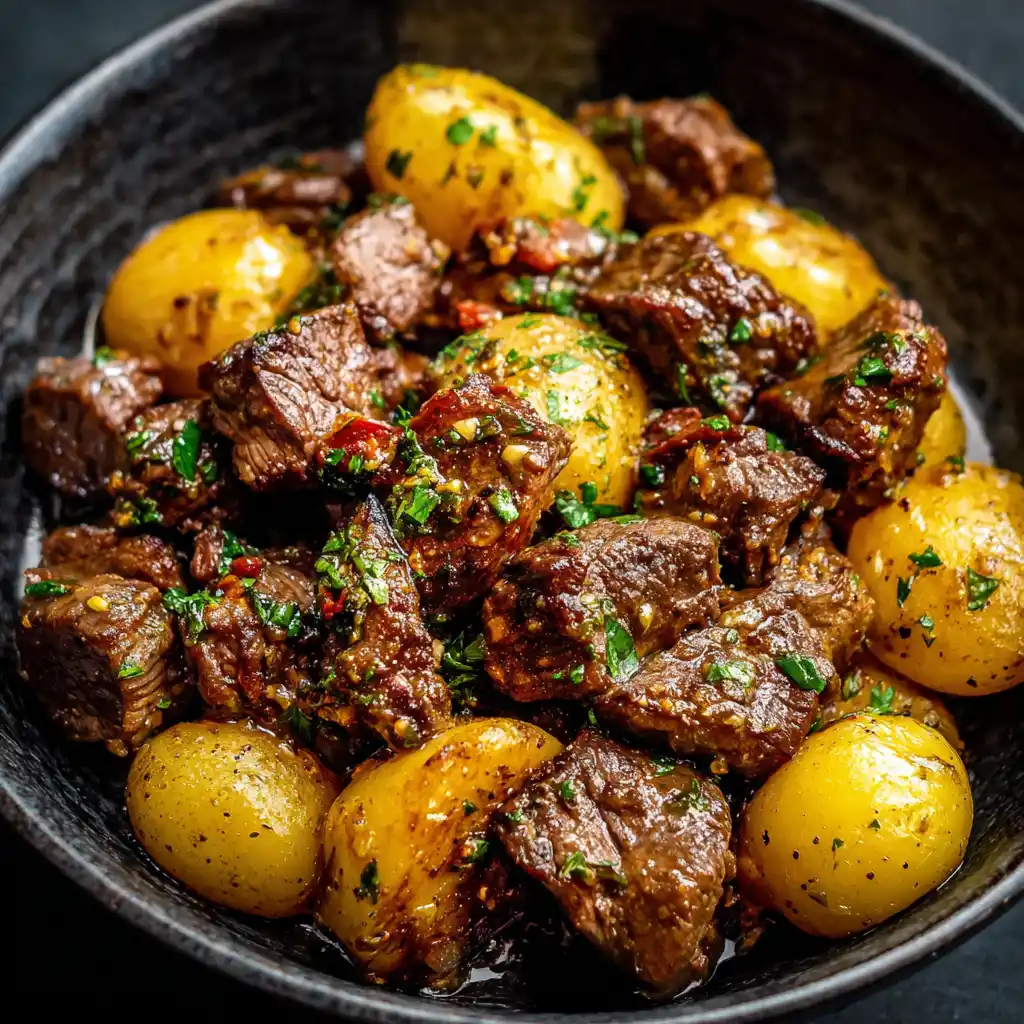 Crockpot garlic butter beef bites with potatoes