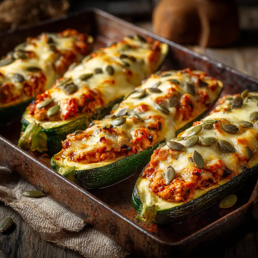 Stuffed zucchini with pumpkin seeds and cheese baked golden
