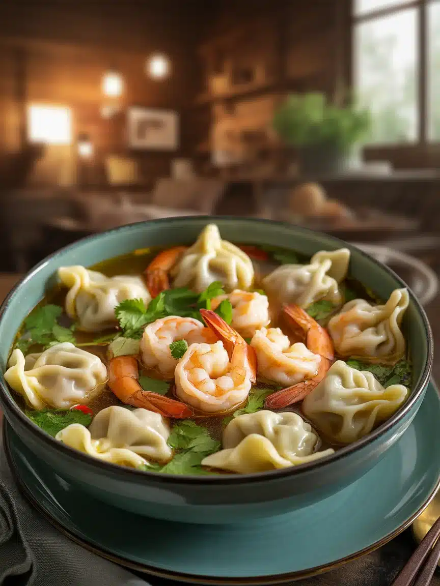 Spicy shrimp dumpling noodle bowl