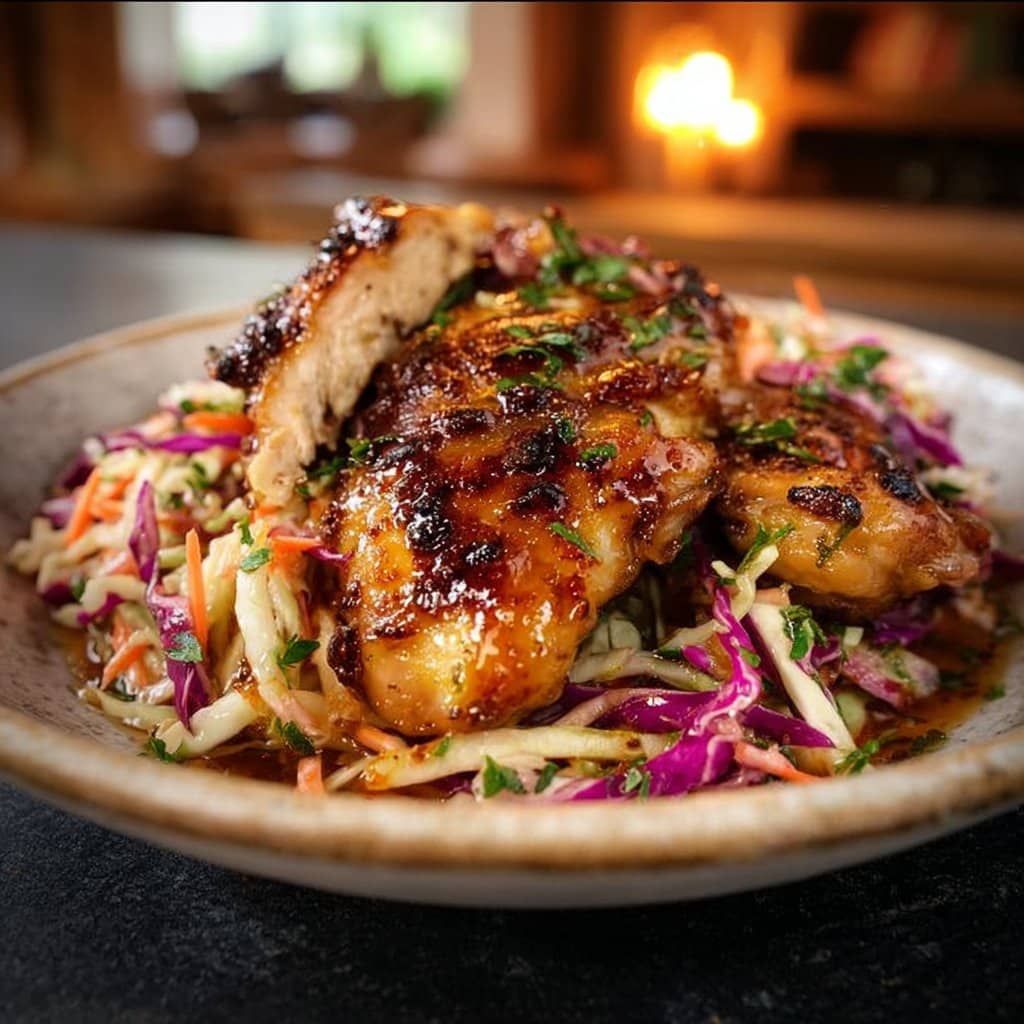 Sticky Apple Cider Chicken with Crisp Autumn Slaw