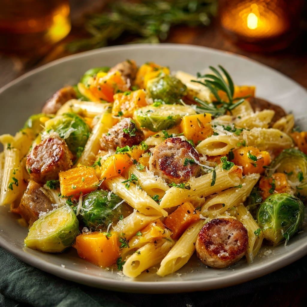 Autumn Dinner with Sausage, Pasta, Brussels Sprouts, Butternut Squash, Garlic Butter Sauce