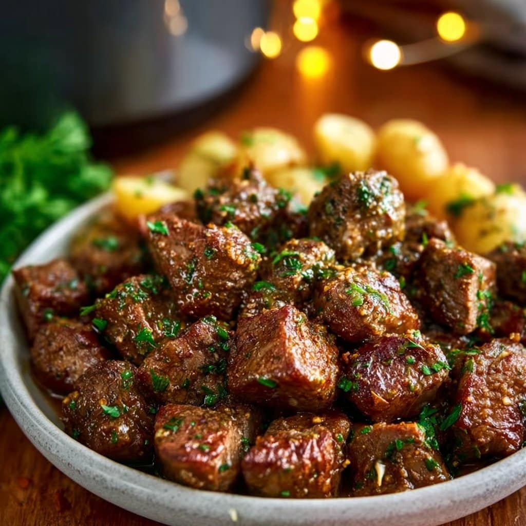 High Protein Slow Cooker Garlic Butter Beef Bites