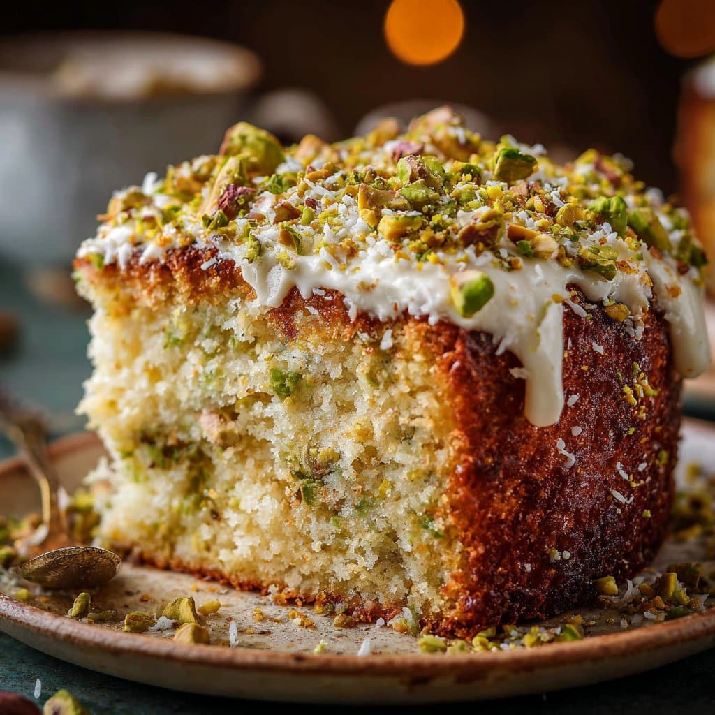Coconut and Pistachio Pudding Cake Recipe