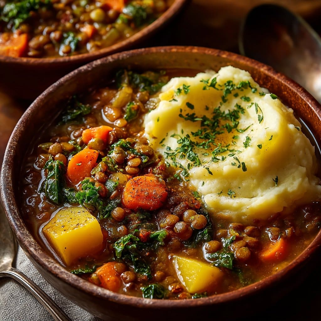 Hearty Lentil Stew & Creamy Mashed Potato Bowl