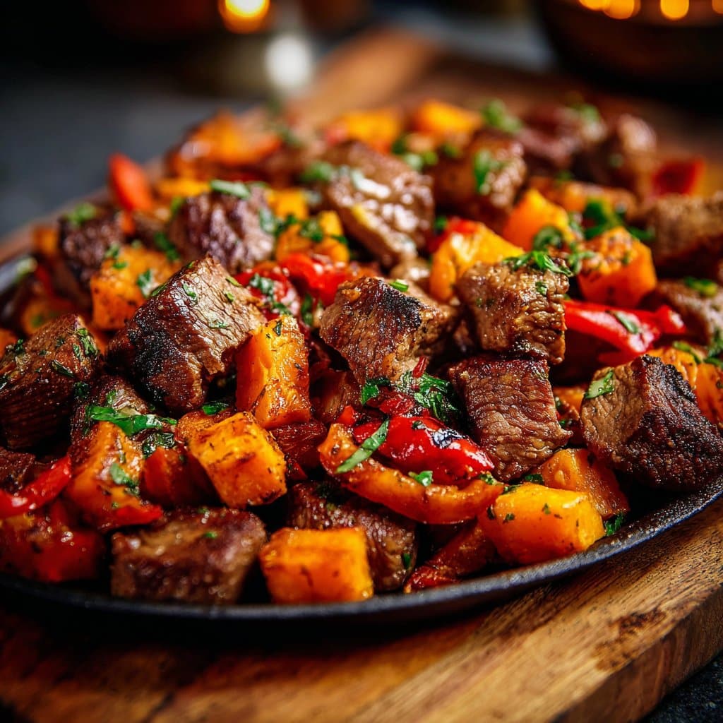 Steak Bites with Roasted Sweet Potatoes and Bell Peppers