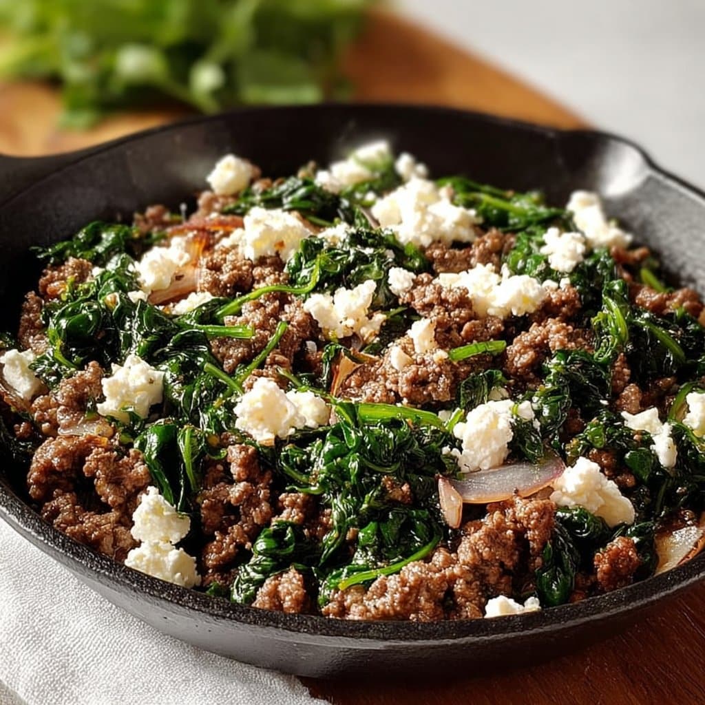 Ground Beef and Spinach Skillet with Feta