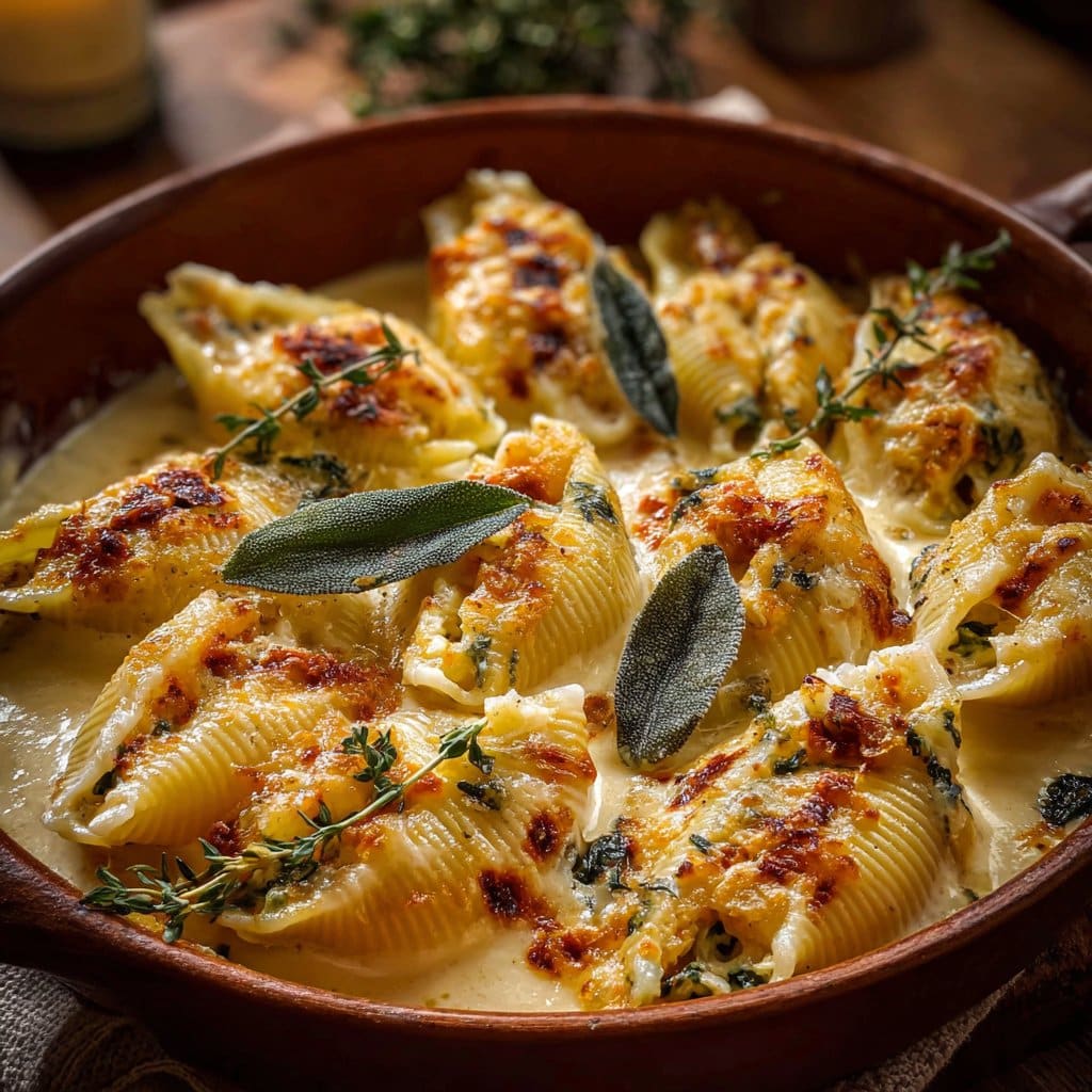 Pumpkin & Gouda Stuffed Shells With Brown Butter & Sage Alfredo Sauce