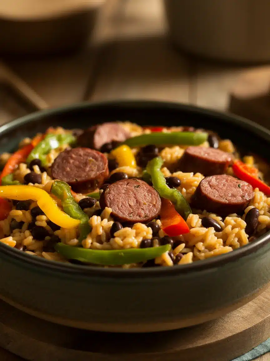 Savory Black Beans & Rice with Beef Sausage in One Pot