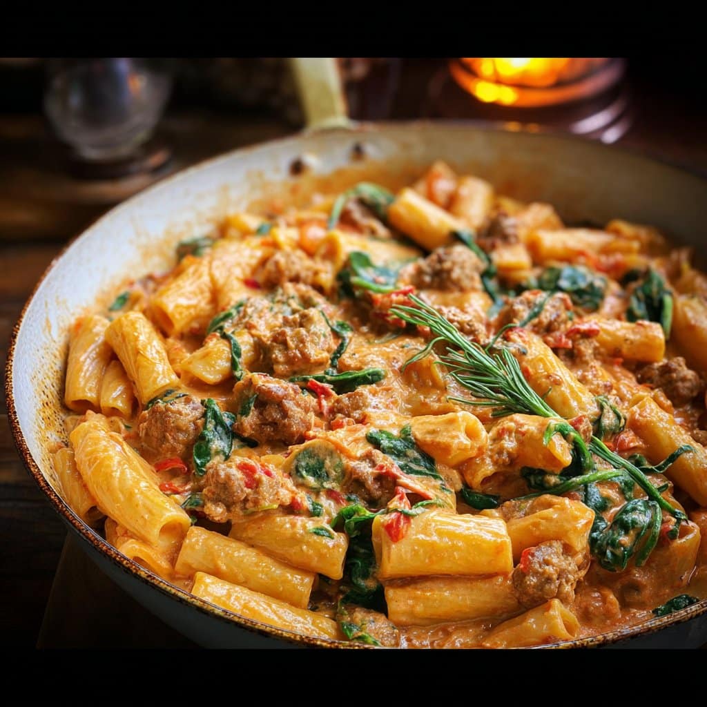Creamy Sausage Rigatoni with Spinach, Garlic, and Tomato Cream Sauce