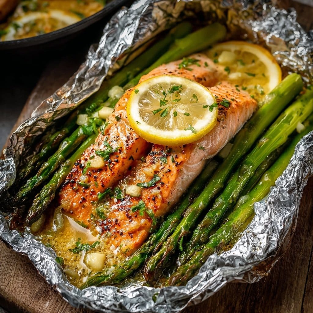 Salmon and Asparagus Foil Packs with Garlic Lemon Butter Sauce