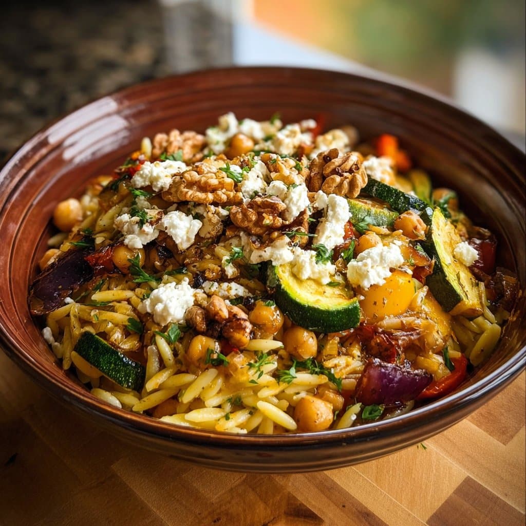 Chickpea & Orzo Bowl with Goat Cheese, Roasted Veggies & Walnuts