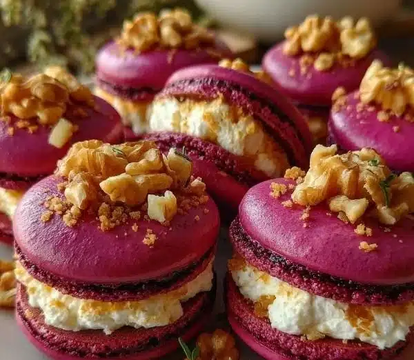 Savory Beet Macarons with Goat Cheese & Walnut Crunch