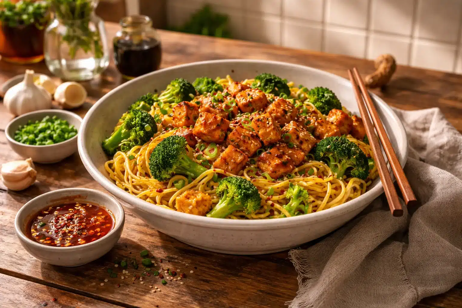 Spicy Garlic Chicken and Broccoli Noodle Bowls