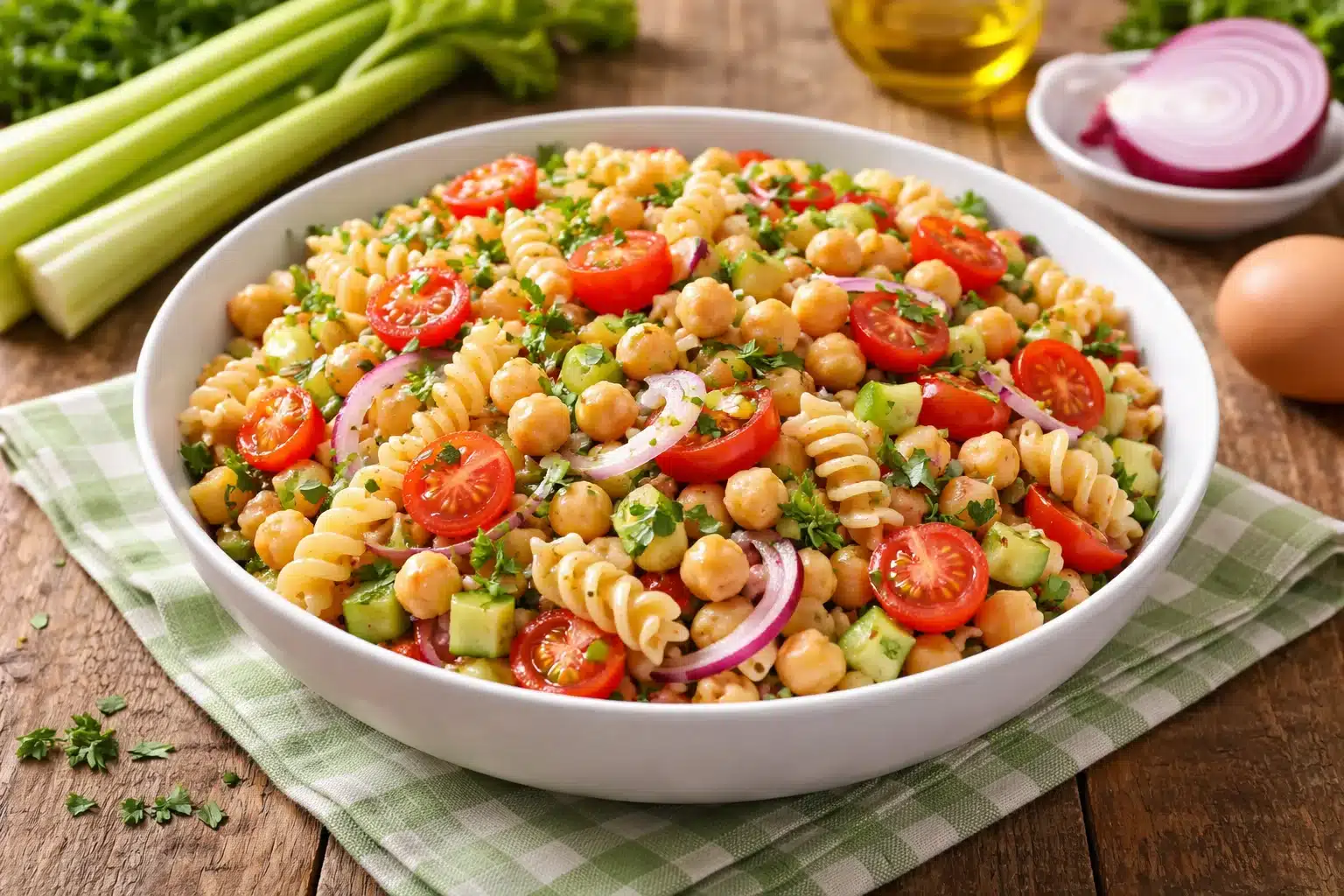 Deviled Egg Chickpea Pasta Salad