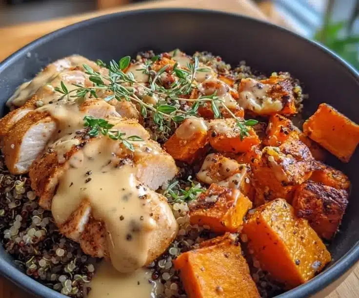 Roasted Sweet Potato Chicken & Quinoa Bowl