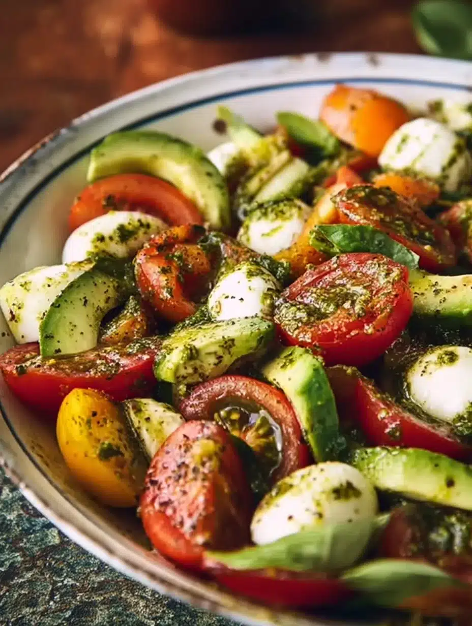 Tomato Cucumber Avocado Salad with Mozzarella and Basil Pesto