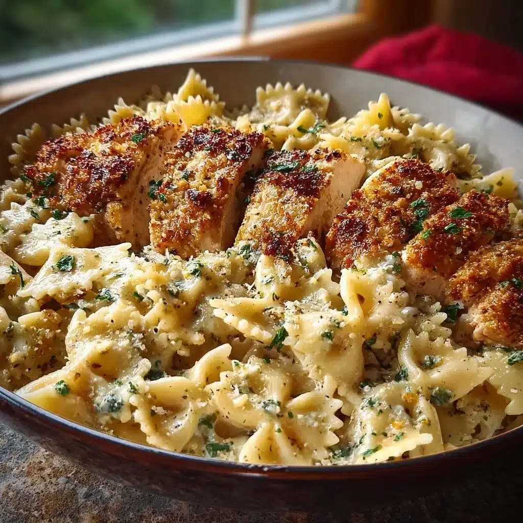 Baked Caesar Chicken with Four-Cheese Bowtie Pasta
