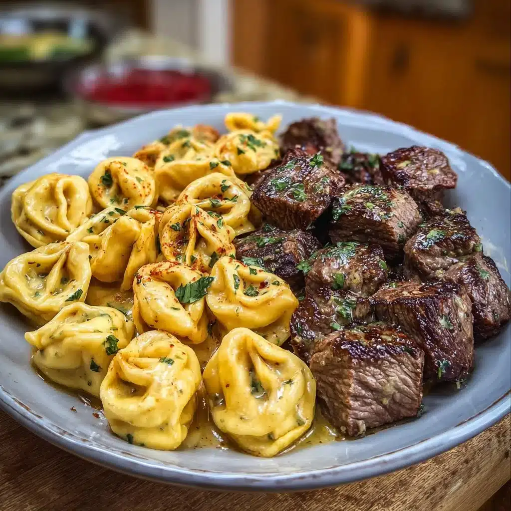 Garlic Butter Steak Tips with Cheesy Mozzarella Tortellini