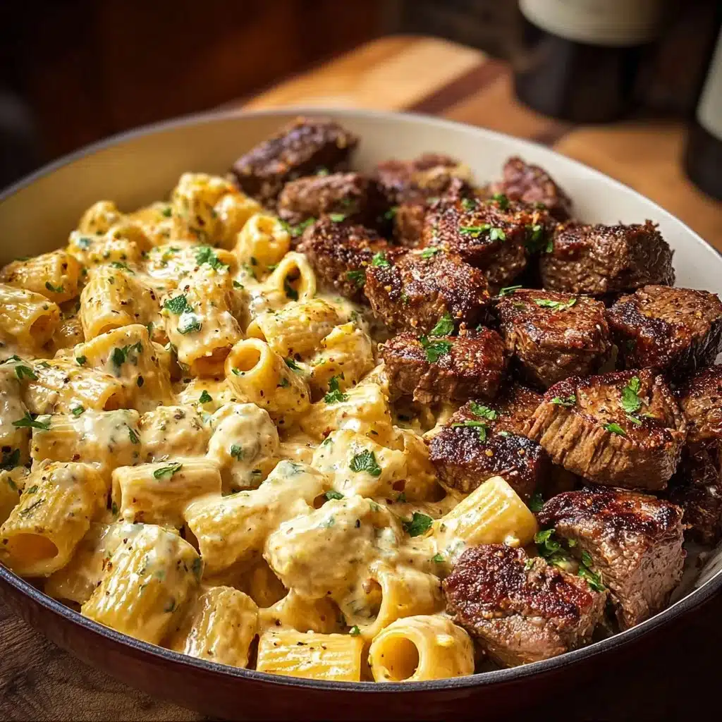 Garlic Butter Steak Tips with Creamy Mozzarella Rigatoni